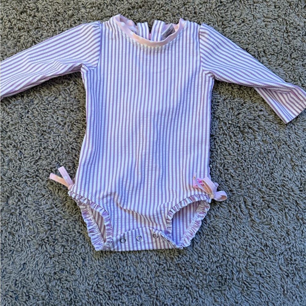 Ruffle Butts Pink and White Striped Long-Sleeve Rashguard